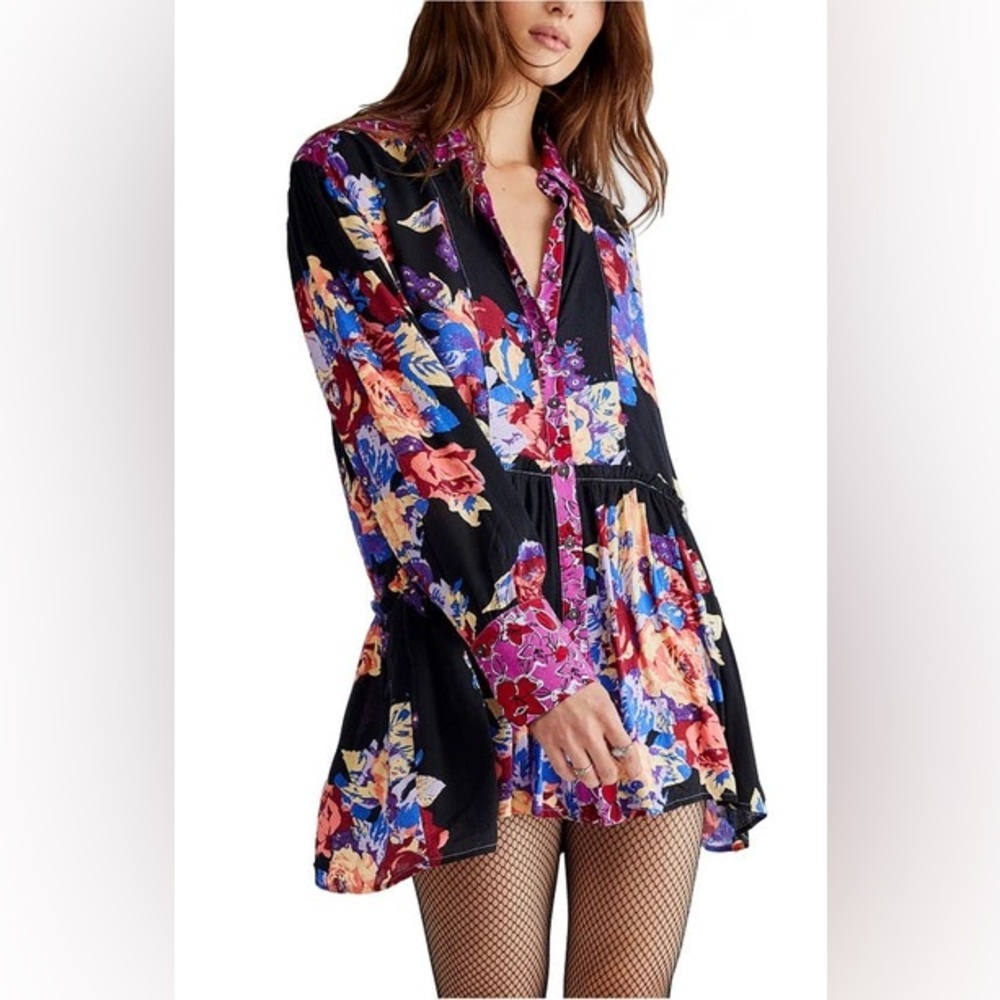 Free People Colorful Floral Button Down Shirt - Black and Purple